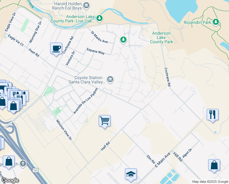 map of restaurants, bars, coffee shops, grocery stores, and more near in Morgan Hill