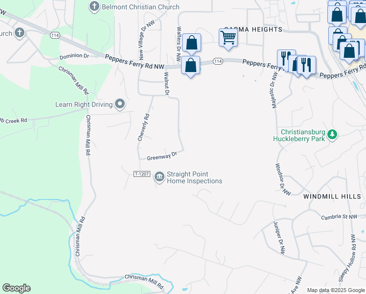 map of restaurants, bars, coffee shops, grocery stores, and more near 399 State Route T-1203 in Christiansburg