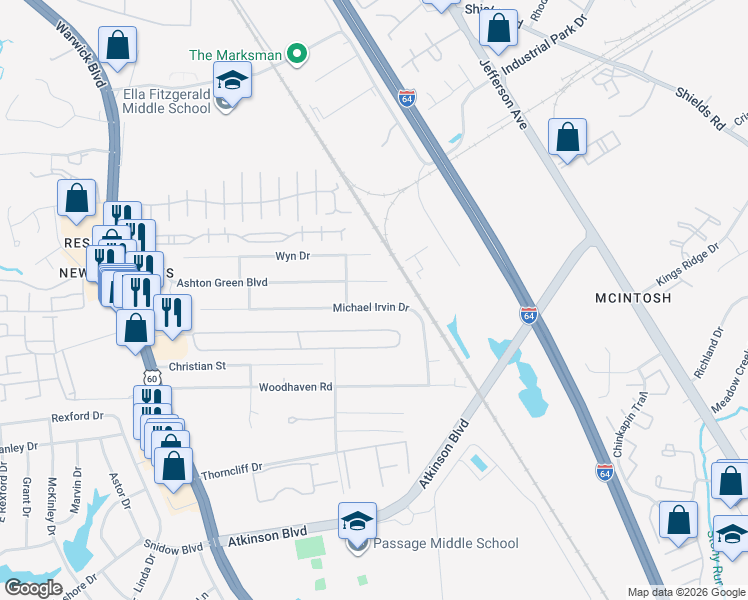 map of restaurants, bars, coffee shops, grocery stores, and more near 501 North Trellis Court in Newport News