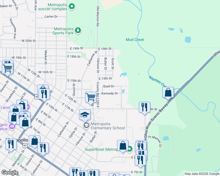 map of restaurants, bars, coffee shops, grocery stores, and more near 628 Kennedy Drive in Metropolis