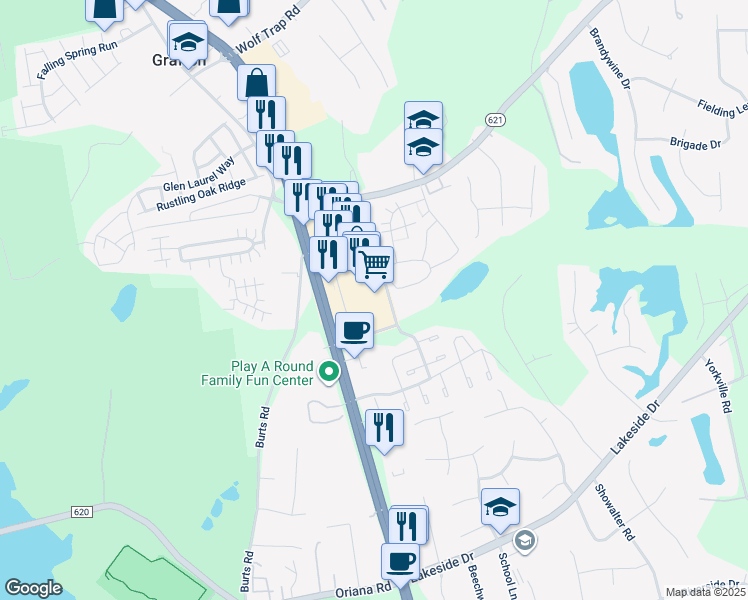map of restaurants, bars, coffee shops, grocery stores, and more near 5210 George Washington Memorial Highway in Yorktown