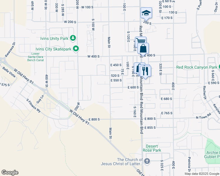 map of restaurants, bars, coffee shops, grocery stores, and more near 615 Main Street in Ivins