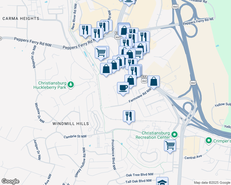 map of restaurants, bars, coffee shops, grocery stores, and more near 195 Conston Avenue in Christiansburg