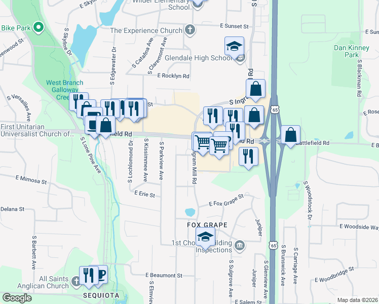 map of restaurants, bars, coffee shops, grocery stores, and more near 3232 East Montclair Street in Springfield