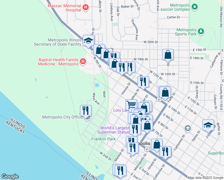 map of restaurants, bars, coffee shops, grocery stores, and more near 801 Johnson Street in Metropolis