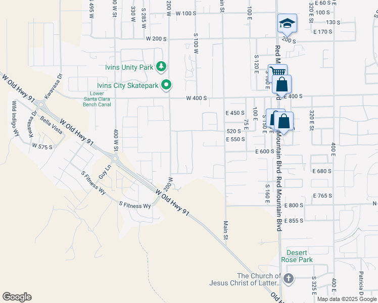 map of restaurants, bars, coffee shops, grocery stores, and more near 617 South Malorie Way in Ivins