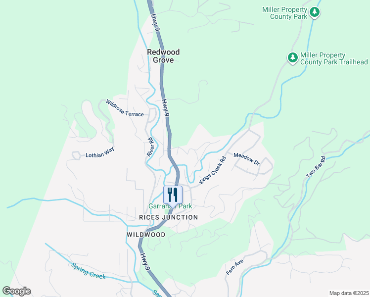 map of restaurants, bars, coffee shops, grocery stores, and more near 125 Riverview Drive in Boulder Creek