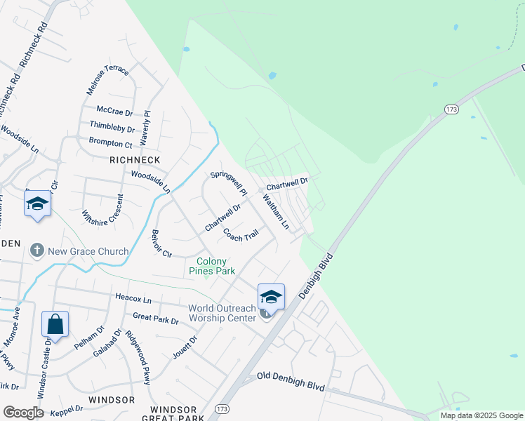 map of restaurants, bars, coffee shops, grocery stores, and more near 1454 Waltham Lane in Newport News