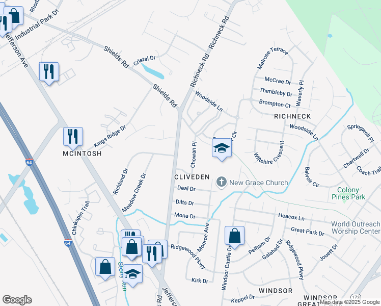 map of restaurants, bars, coffee shops, grocery stores, and more near 21 Chowan Place in Newport News