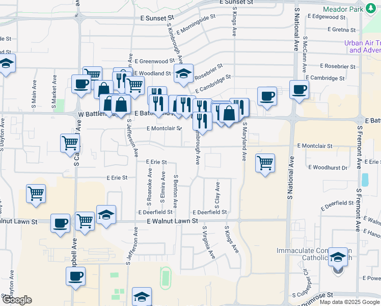 map of restaurants, bars, coffee shops, grocery stores, and more near 711 East Montclair Street in Springfield