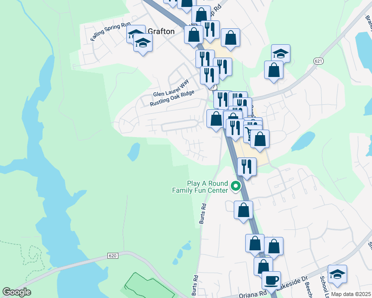 map of restaurants, bars, coffee shops, grocery stores, and more near 204 Rainbrook Way in Yorktown