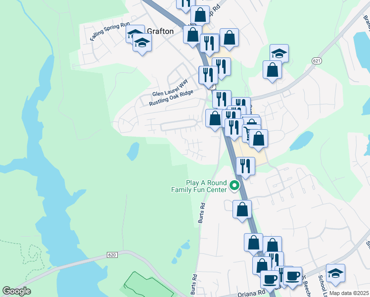 map of restaurants, bars, coffee shops, grocery stores, and more near 204 Rainbrook Way in Yorktown