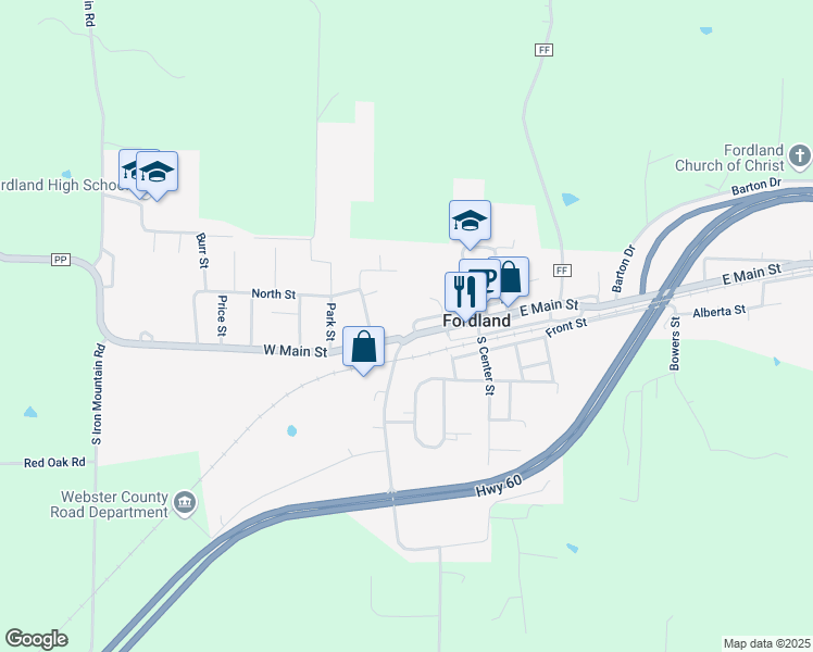 map of restaurants, bars, coffee shops, grocery stores, and more near 165 Oak Street in Fordland