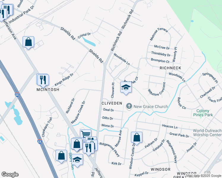 map of restaurants, bars, coffee shops, grocery stores, and more near 21 Chowan Place in Newport News