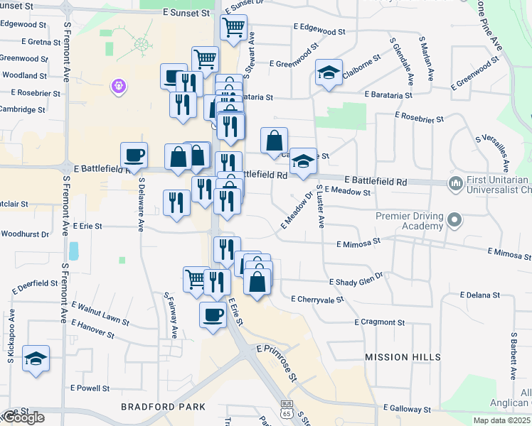 map of restaurants, bars, coffee shops, grocery stores, and more near 3051 South Greenbrier Avenue in Springfield
