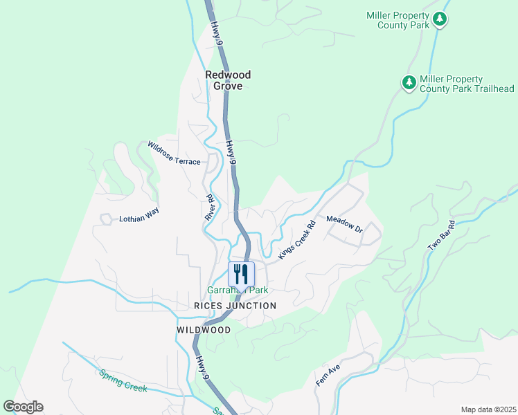 map of restaurants, bars, coffee shops, grocery stores, and more near 125 Riverview Drive in Boulder Creek
