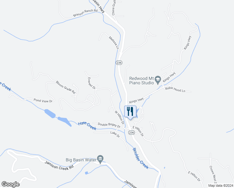 map of restaurants, bars, coffee shops, grocery stores, and more near 104 McPherson Court in Boulder Creek