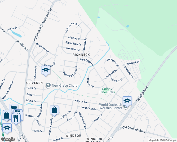 map of restaurants, bars, coffee shops, grocery stores, and more near 912 Belvoir Circle in Newport News