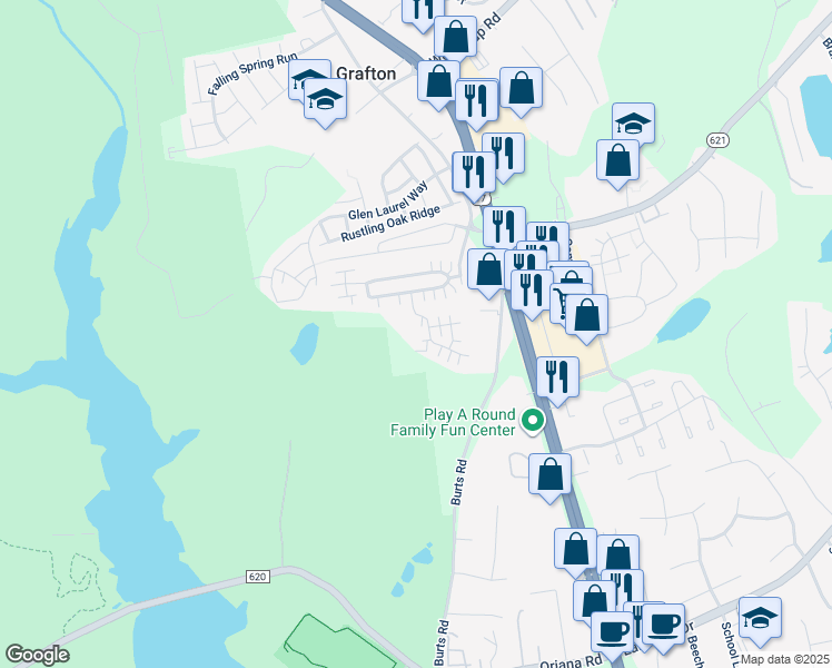 map of restaurants, bars, coffee shops, grocery stores, and more near 202 Rainbrook Way in Yorktown