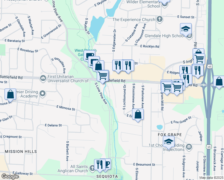map of restaurants, bars, coffee shops, grocery stores, and more near 3037 South Lakeside Avenue in Springfield