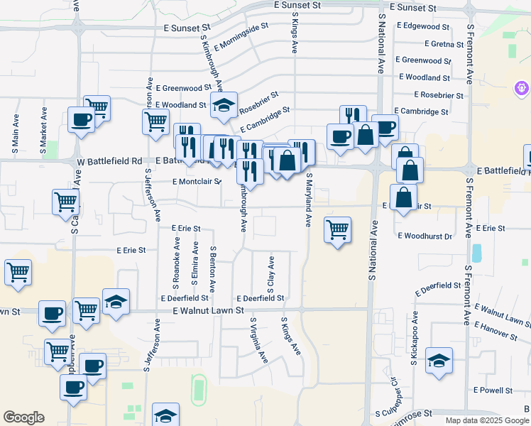 map of restaurants, bars, coffee shops, grocery stores, and more near 820 East Montclair Street in Springfield