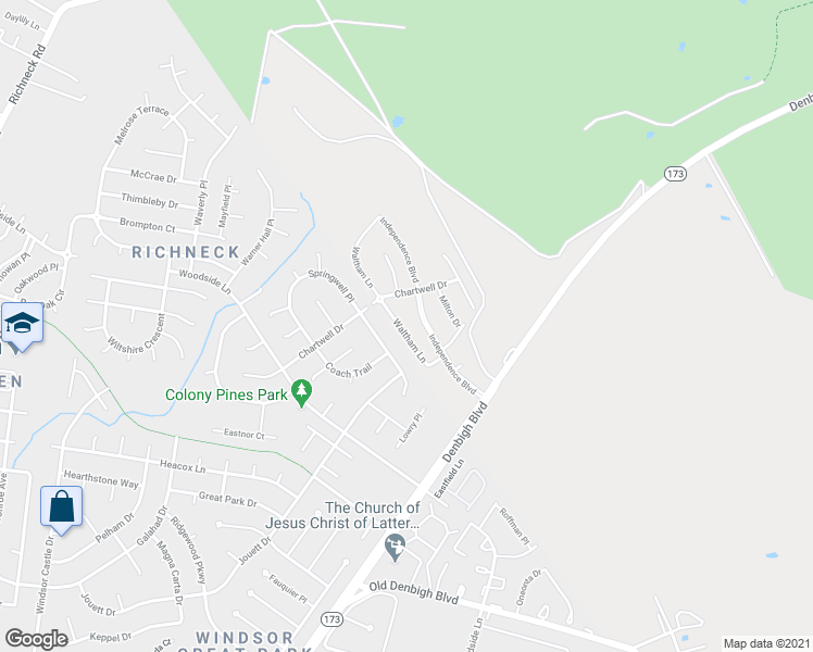 map of restaurants, bars, coffee shops, grocery stores, and more near 1454 Waltham Lane in Newport News