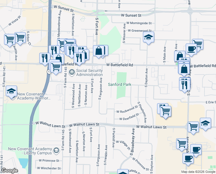 map of restaurants, bars, coffee shops, grocery stores, and more near 3111 South Franklin Avenue in Springfield