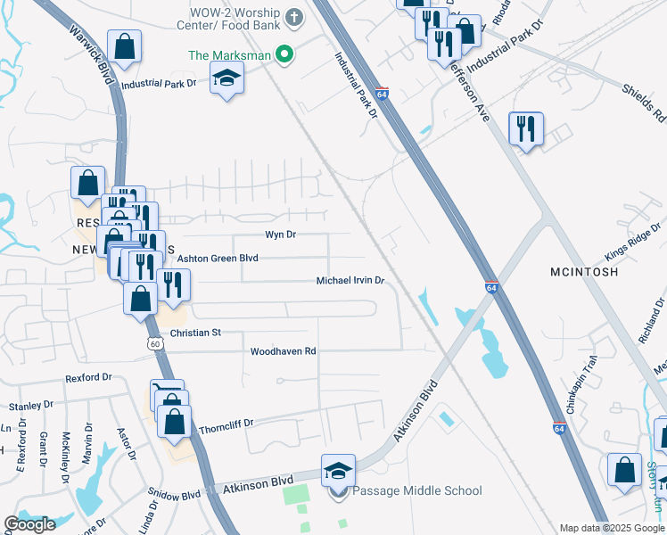 map of restaurants, bars, coffee shops, grocery stores, and more near 328 Lucinda Drive in Newport News