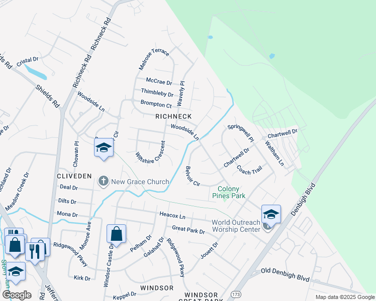 map of restaurants, bars, coffee shops, grocery stores, and more near 912 Belvoir Circle in Newport News