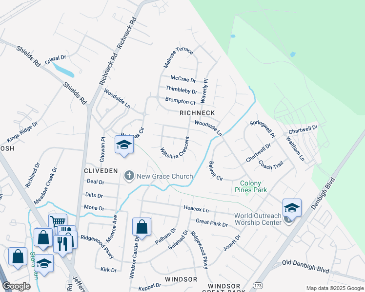 map of restaurants, bars, coffee shops, grocery stores, and more near 415 Wiltshire Crescent in Newport News