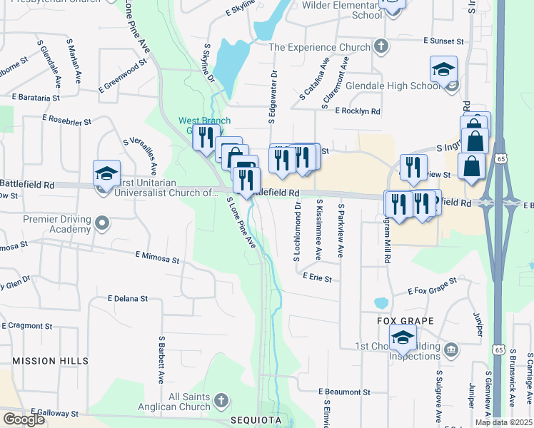 map of restaurants, bars, coffee shops, grocery stores, and more near 3037 S Lakeside Ave in Springfield
