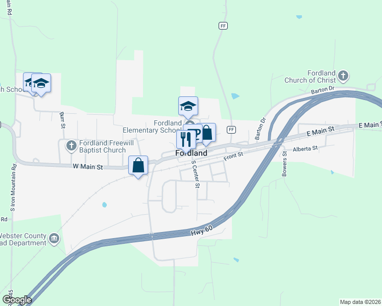 map of restaurants, bars, coffee shops, grocery stores, and more near in Fordland