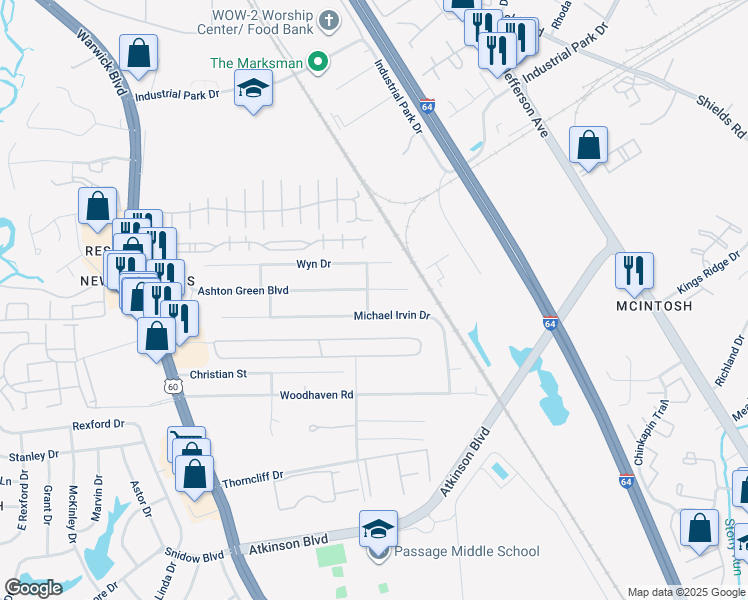 map of restaurants, bars, coffee shops, grocery stores, and more near 328 Lucinda Drive in Newport News