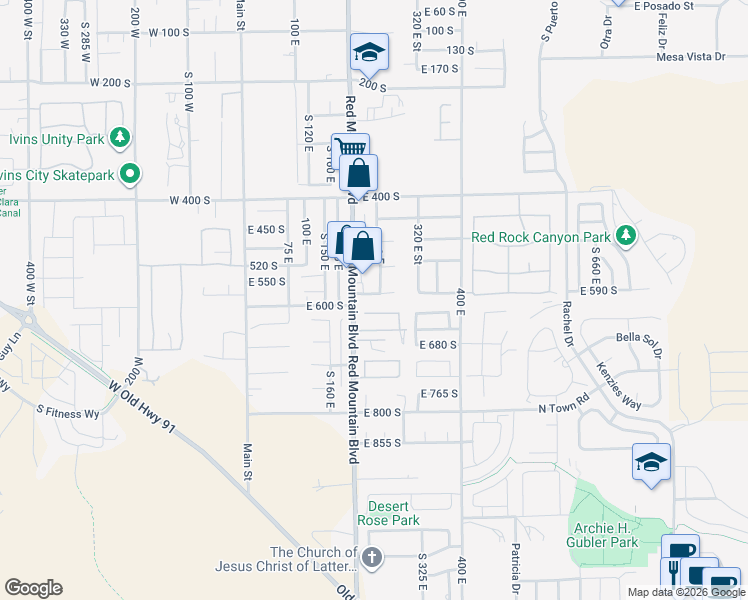 map of restaurants, bars, coffee shops, grocery stores, and more near 244 East 580 South in Ivins