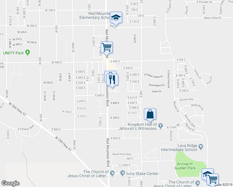 map of restaurants, bars, coffee shops, grocery stores, and more near 256 East 580 South in Ivins