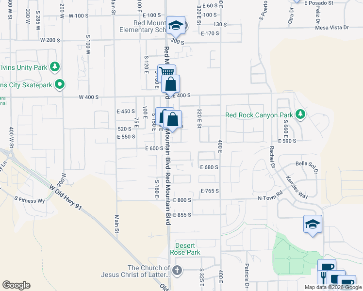 map of restaurants, bars, coffee shops, grocery stores, and more near 256 East 580 South in Ivins
