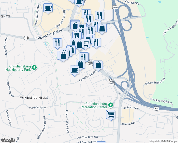 map of restaurants, bars, coffee shops, grocery stores, and more near 40 Cedarwood Dr in Christiansburg