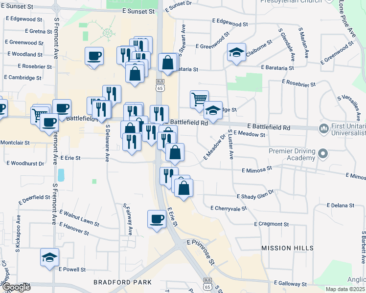 map of restaurants, bars, coffee shops, grocery stores, and more near 1858 E Shamrock Cir in Springfield