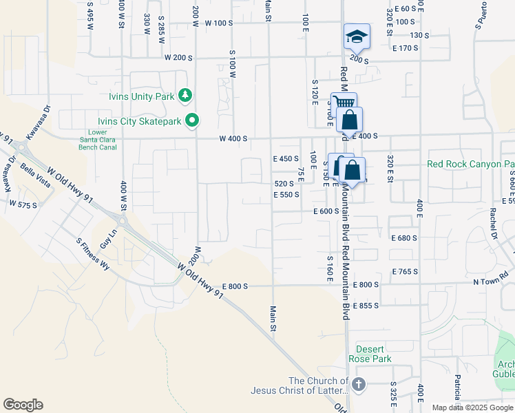 map of restaurants, bars, coffee shops, grocery stores, and more near Serenity Circle in Ivins