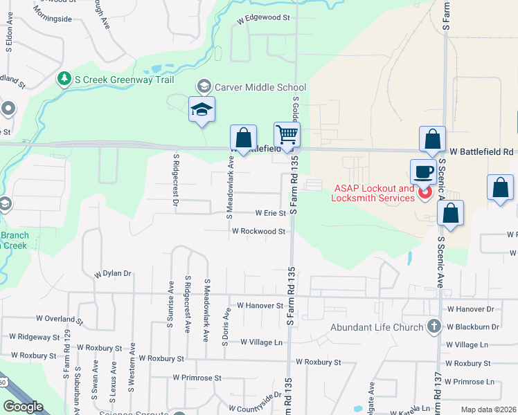 map of restaurants, bars, coffee shops, grocery stores, and more near 3204 West Montclair Street in Springfield