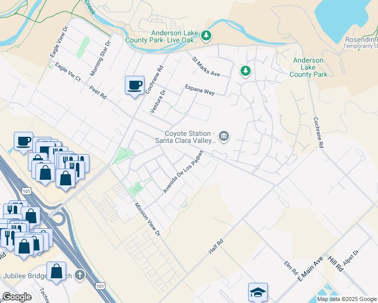 map of restaurants, bars, coffee shops, grocery stores, and more near 18320 San Carlos Way in Morgan Hill