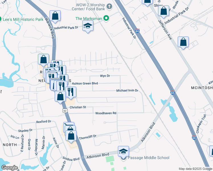 map of restaurants, bars, coffee shops, grocery stores, and more near 473 Ashton Green Boulevard in Newport News