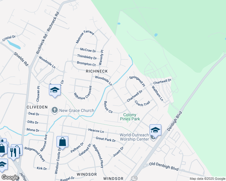 map of restaurants, bars, coffee shops, grocery stores, and more near 919 Belvoir Circle in Newport News