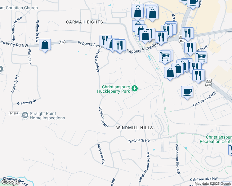 map of restaurants, bars, coffee shops, grocery stores, and more near 540 Windsor Drive Northwest in Christiansburg