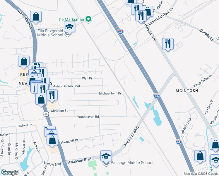 map of restaurants, bars, coffee shops, grocery stores, and more near 497 Ashton Green Boulevard in Newport News