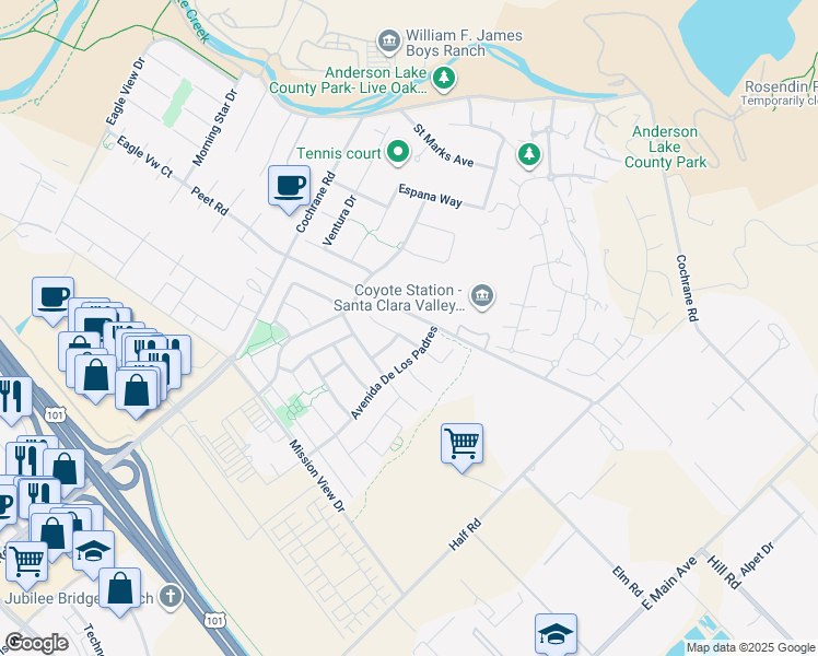 map of restaurants, bars, coffee shops, grocery stores, and more near 18320 San Carlos Way in Morgan Hill