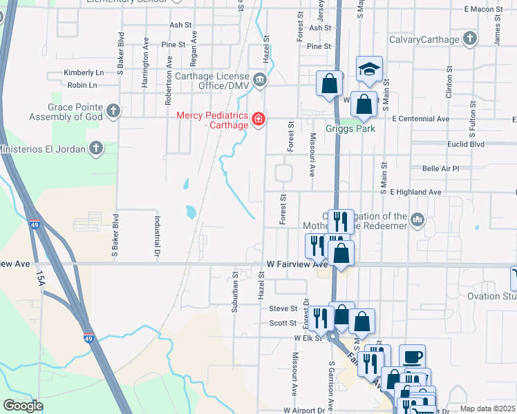 map of restaurants, bars, coffee shops, grocery stores, and more near 1821 Hazel Street in Carthage