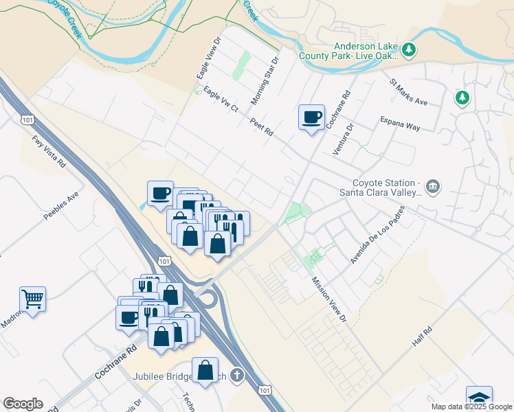 map of restaurants, bars, coffee shops, grocery stores, and more near 18652 Turtle Dove Drive in Morgan Hill