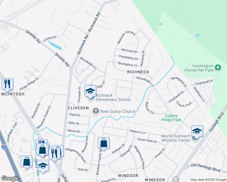 map of restaurants, bars, coffee shops, grocery stores, and more near 848 Yorkshire Lane in Newport News