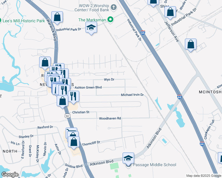 map of restaurants, bars, coffee shops, grocery stores, and more near 473 Ashton Green Boulevard in Newport News